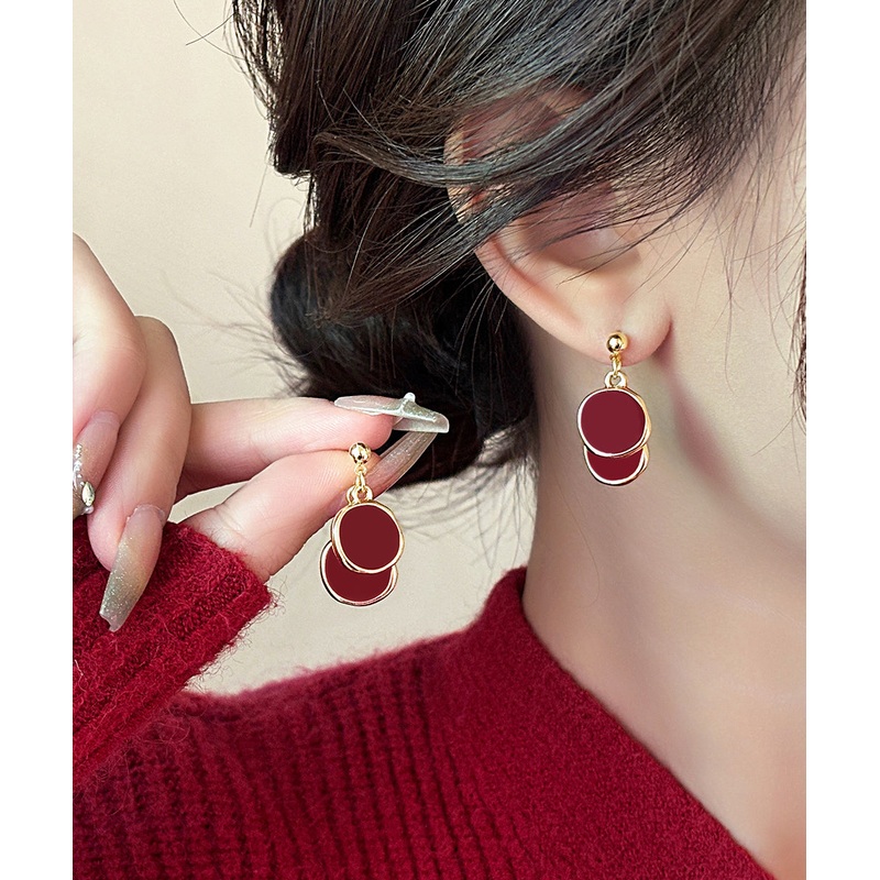 2025 New Red Copper Overgild Disc Drop Earrings
