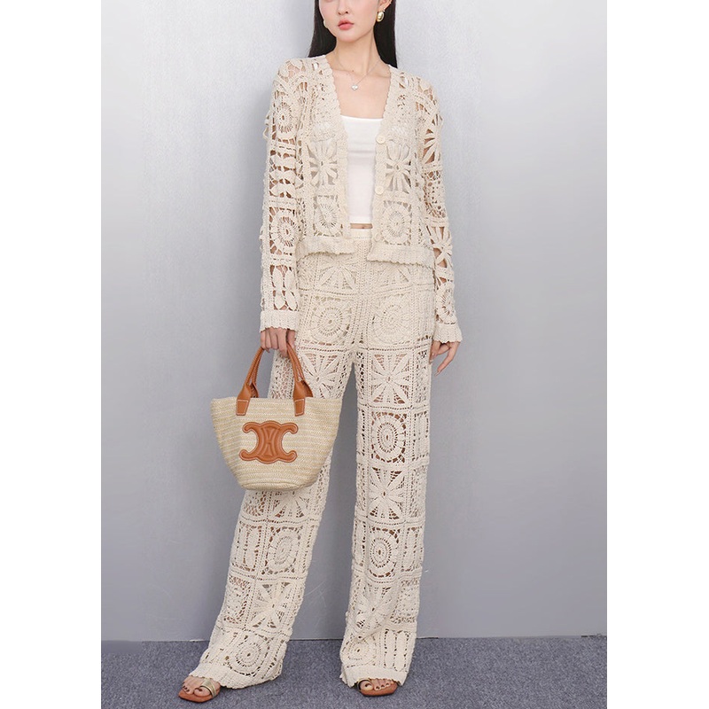 Art Beige Hollow Out Cardigan And Pants Knit Two Pieces Set Summer