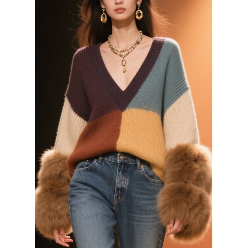 Beautiful Colorblock V Neck Fuzzy Fur Fluffy Patchwork Knit Sweaters Fall