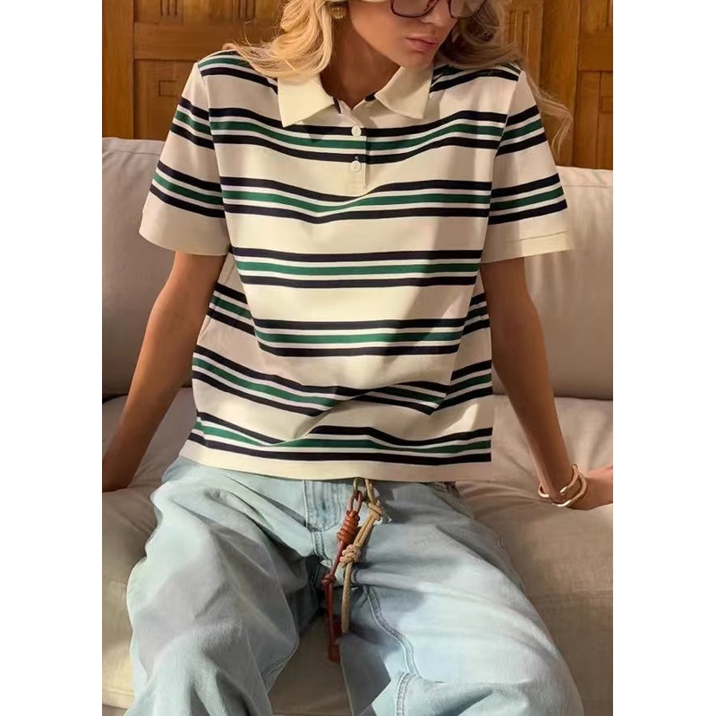 Beige Striped Button Cotton Summer T Shirt Peter Pan Collar