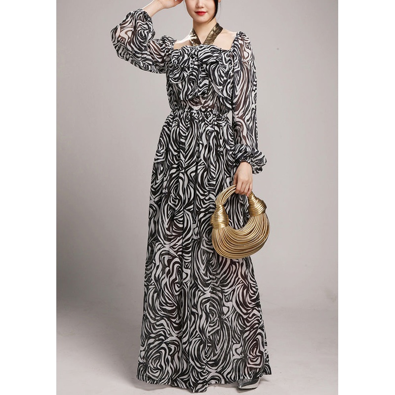 Black Lace Up Elastic Waist Chiffon Jumpsuit Square Collar