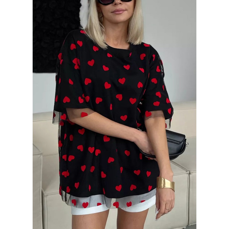 Black Love Tulle Patchwork T Shirt O Neck Summer