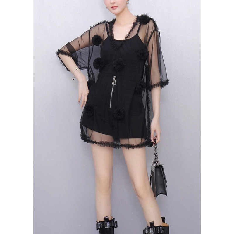 Black Ruffled Solid Tulle Top V Neck Half Sleeve