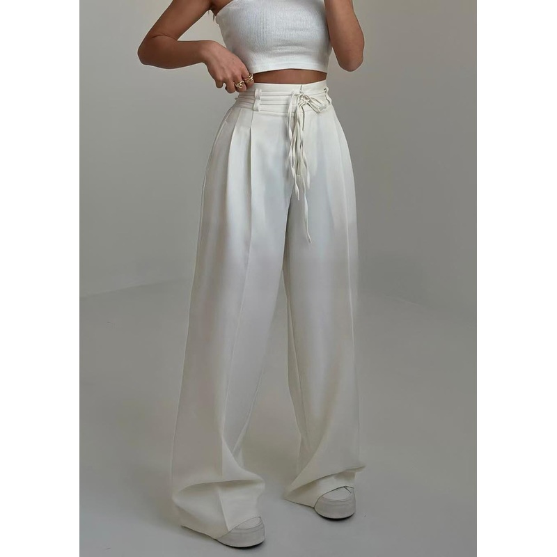Boutique White High Waist Draping Spandex Straight Pants Summer
