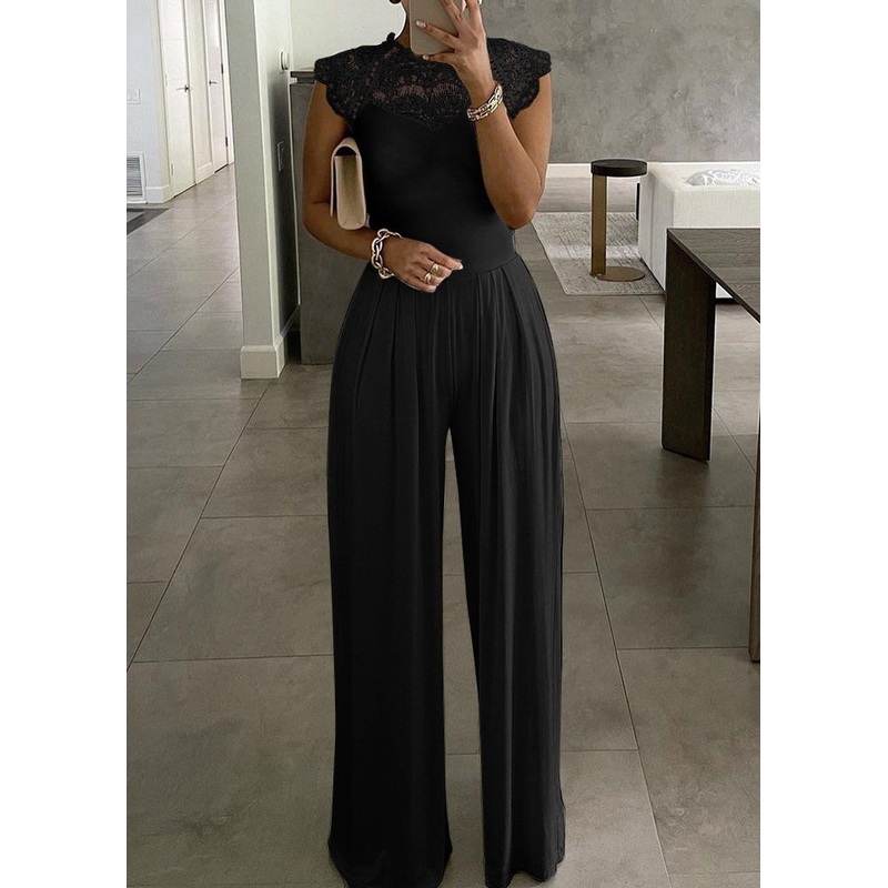 Fashion Black Patchwork Lace Wide Leg Pants Jumpsuits Sleeveless