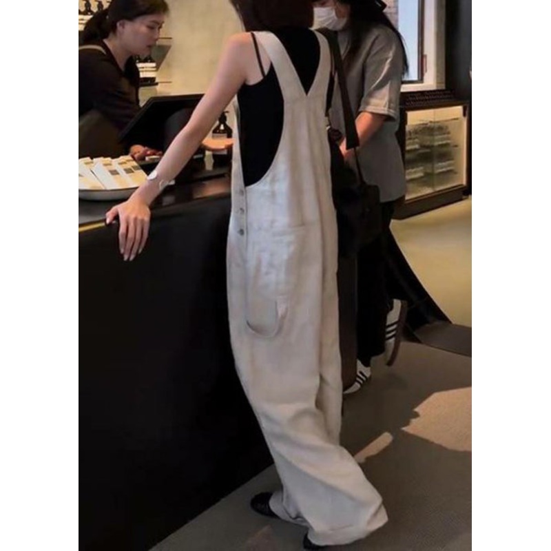 French Button High Waist Linen Jumpsuit Sleeveless