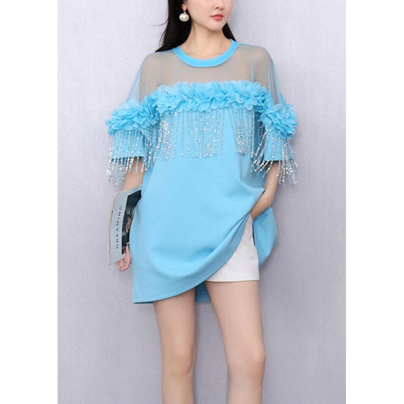 Loose Sky Blue Ruffled Tulle Patchwork T Shirts Summer