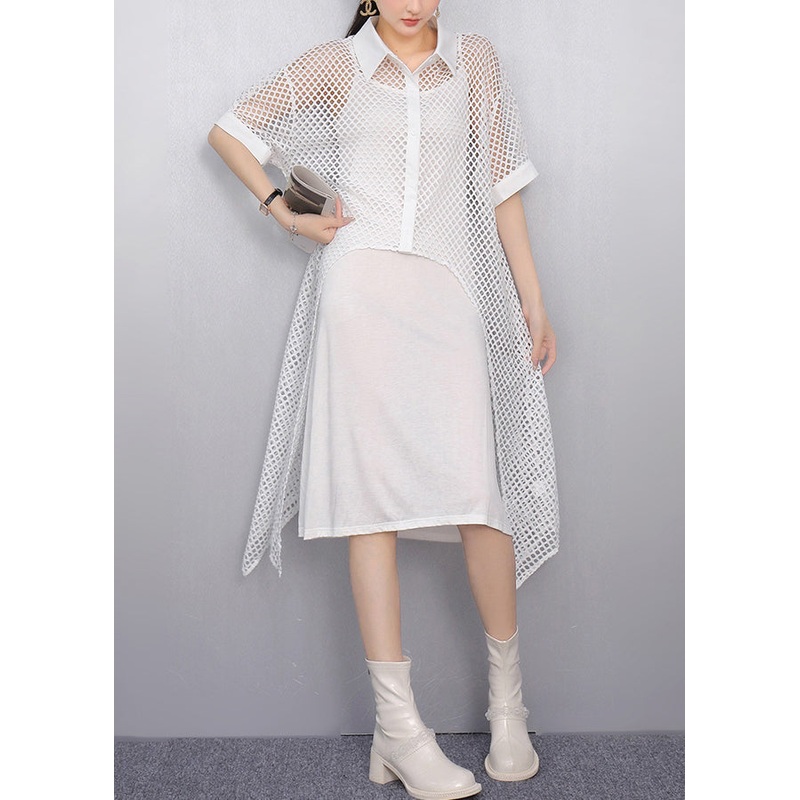 New White Peter Pan Collar Hollow Out Long Tops Summer