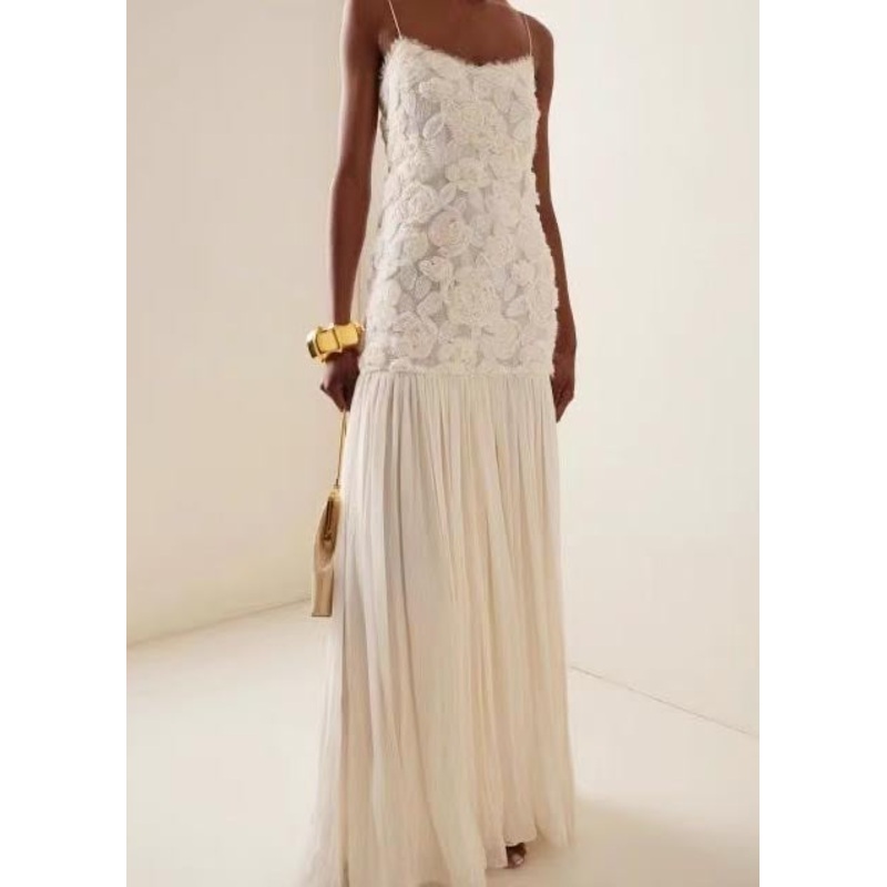 White Patchwork Chiffon Sundress Flowers Decorated Summer