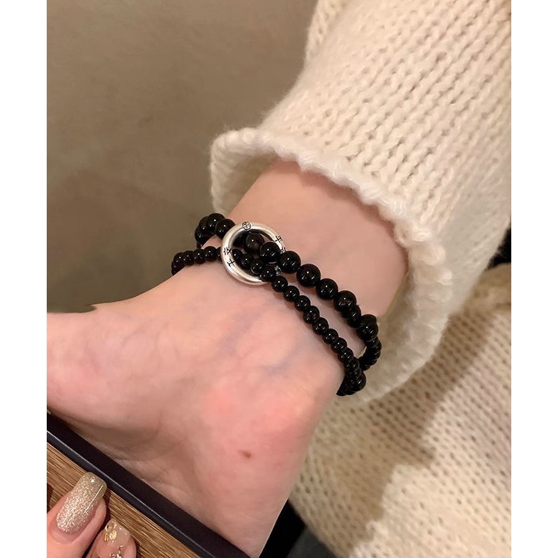 Women Black Copper Obsidian Beading Double-Layer Charm Bracelet