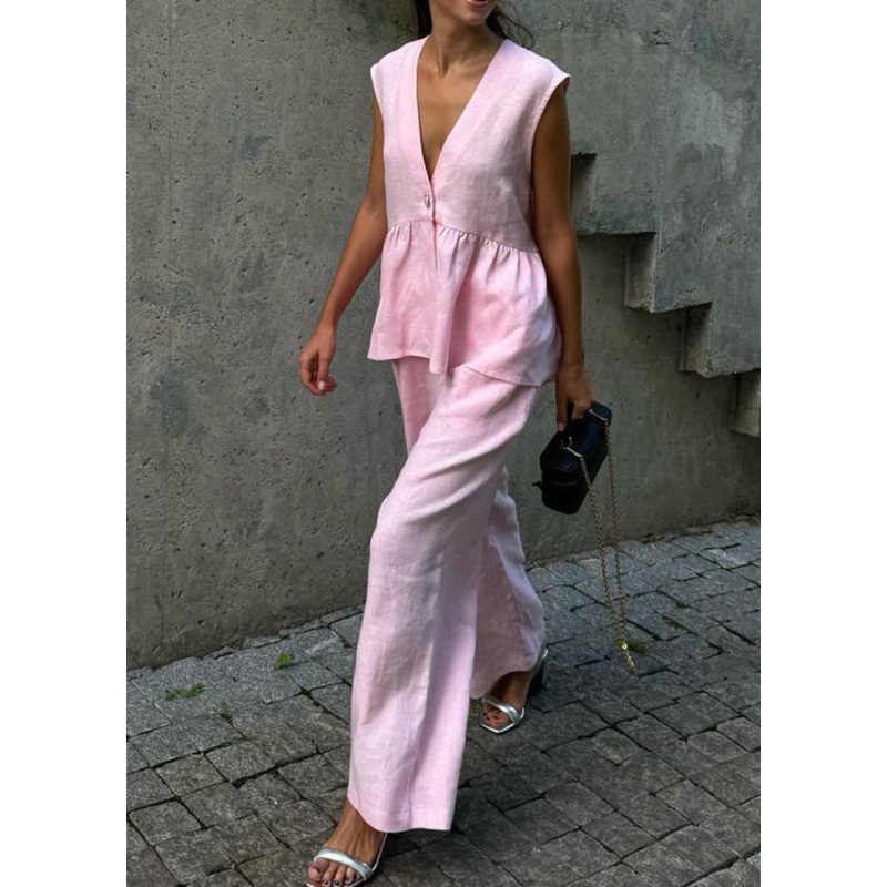 Women Pink V Neck Button Waistcoat And Pants Cotton Two Piece Set Sleeveless