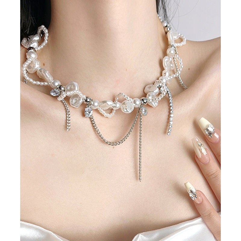 Women White Copper Zircon Pearl Chain Lariat Necklace