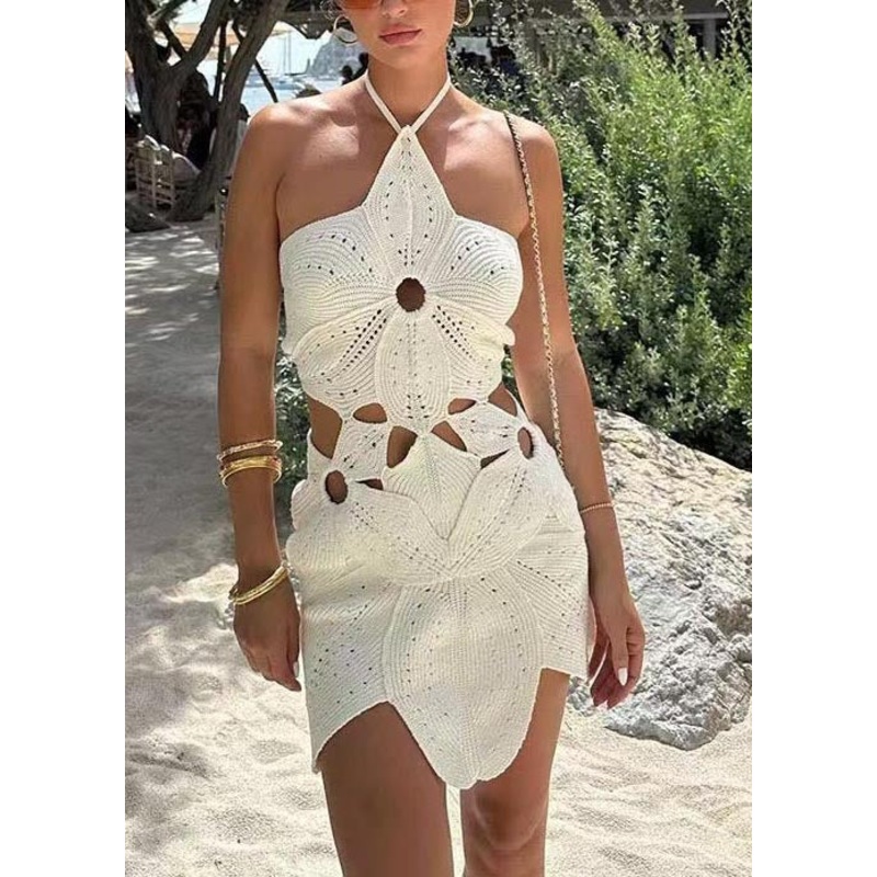 Women White Hollow Out Backless Knit Halter Dress Summer