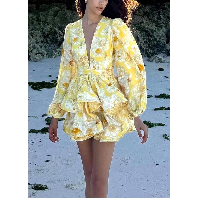 Women Yellow V Neck Print Mini Dress Lantern Sleeve