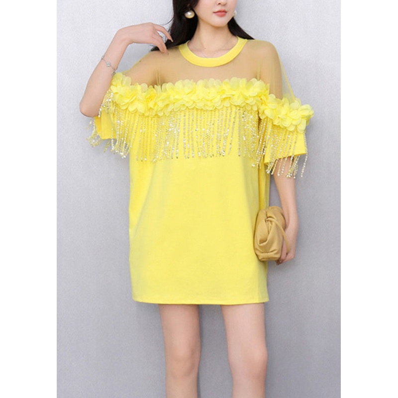 Yellow Tasseled Tulle Patchwork T Shirt Ruffled Half Sleeve