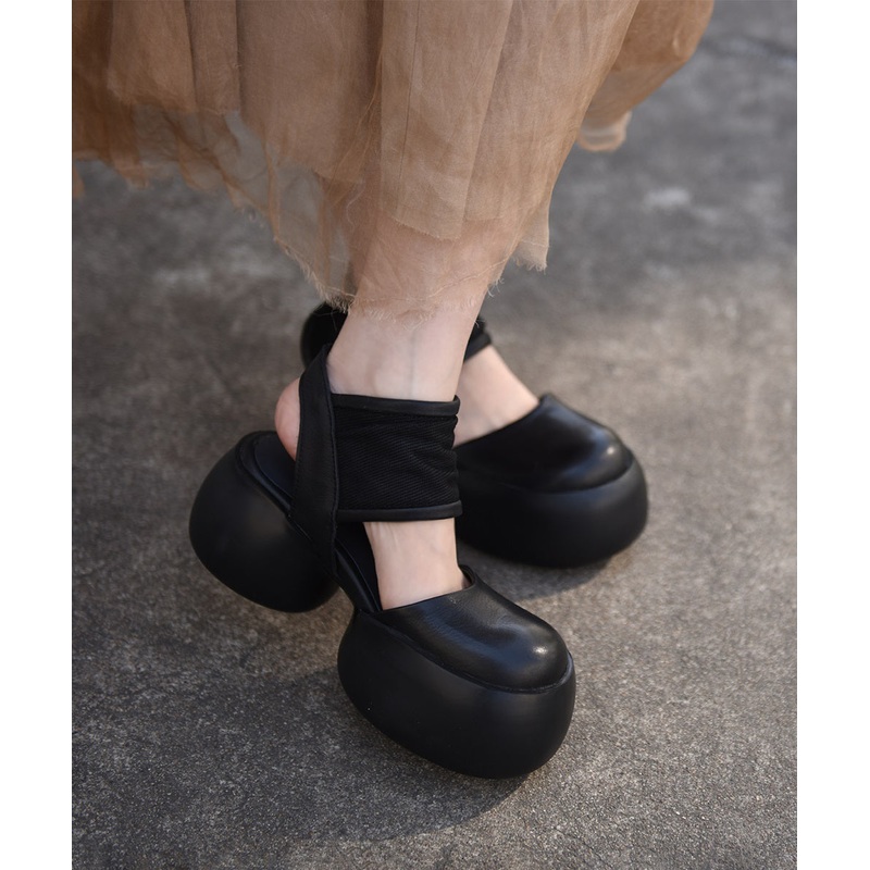 2025 New Black Cowhide Leather Chunky Sandals