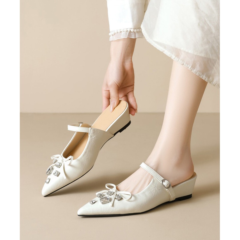 Apricot Faux Leather Splicing Slide Sandals Pointed Toe Zircon