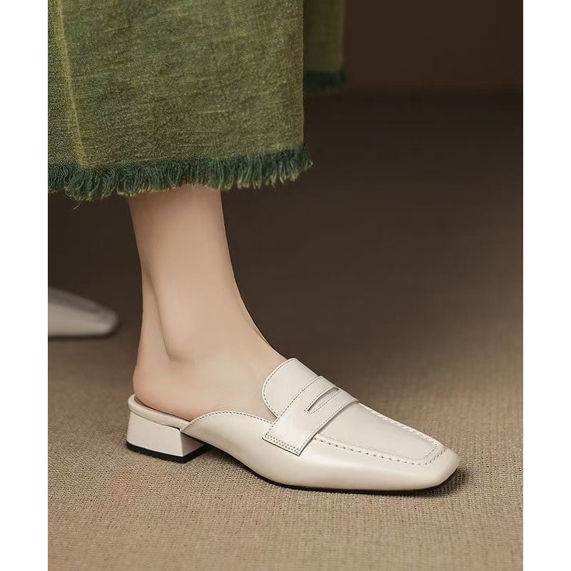 Beige Chunky Cowhide Leather Elegant Splicing Slide Sandals