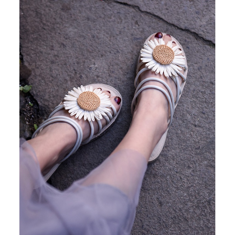 Beige Faux Leather Women Floral Splicing Slide Sandals
