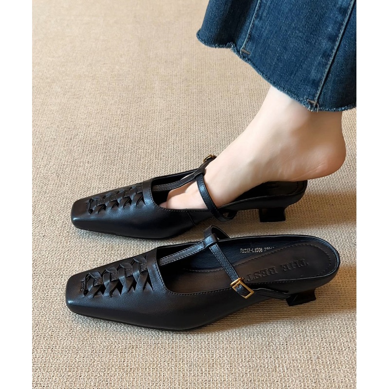 Black Chunky Sheepskin Elegant Splicing Slide Sandals