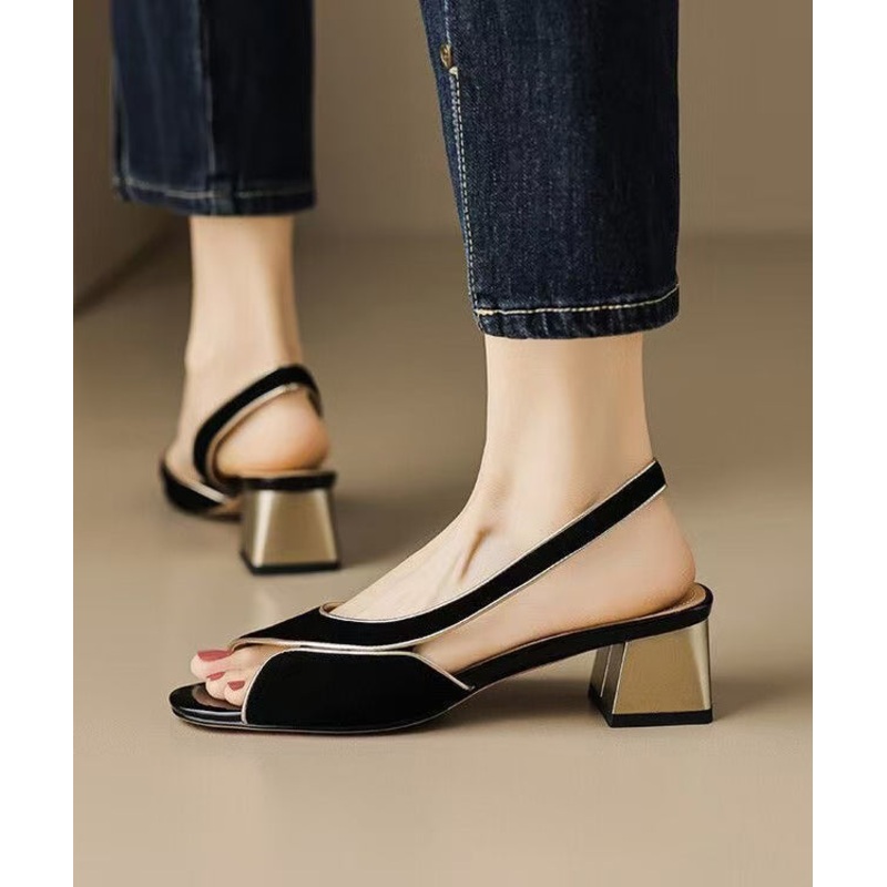 Black Hollow Out Sandals Chunky Suede Splicing Peep Toe