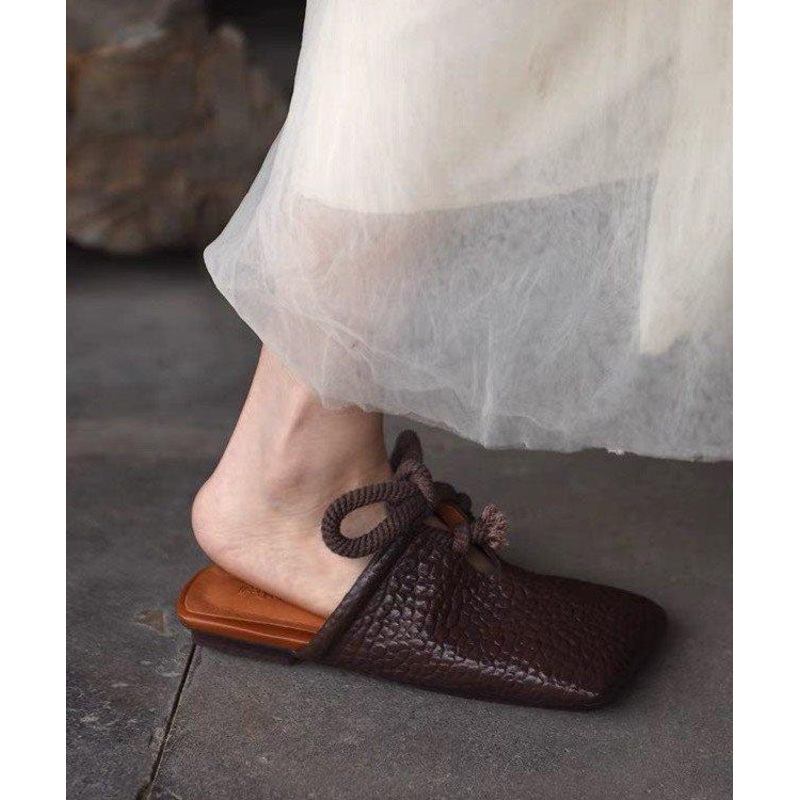 Boho Splicing Brown Faux Leather Slide Sandals Lace Up
