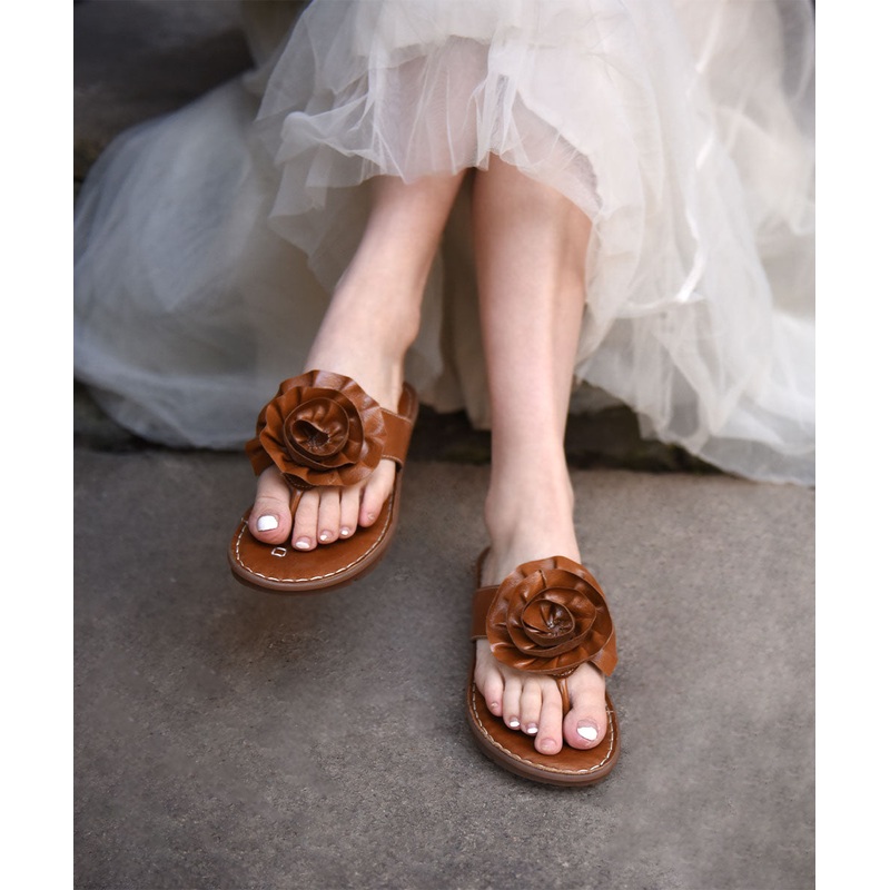Boutique Brown Cowhide Leather Flip Flops Splicing Floral