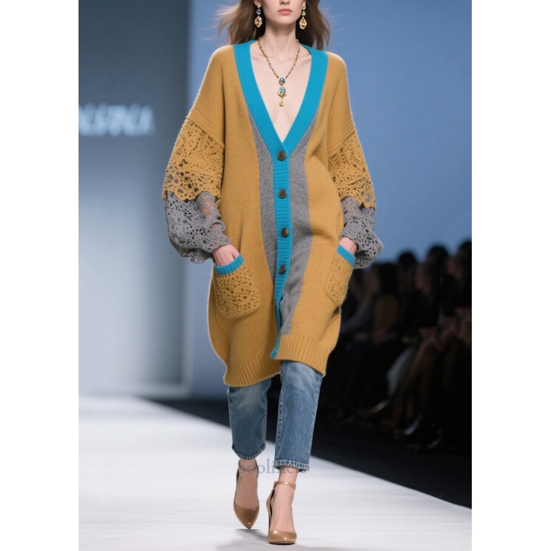 Casual Brown Oversized Patchwork Lace Knit Cardigans Fall