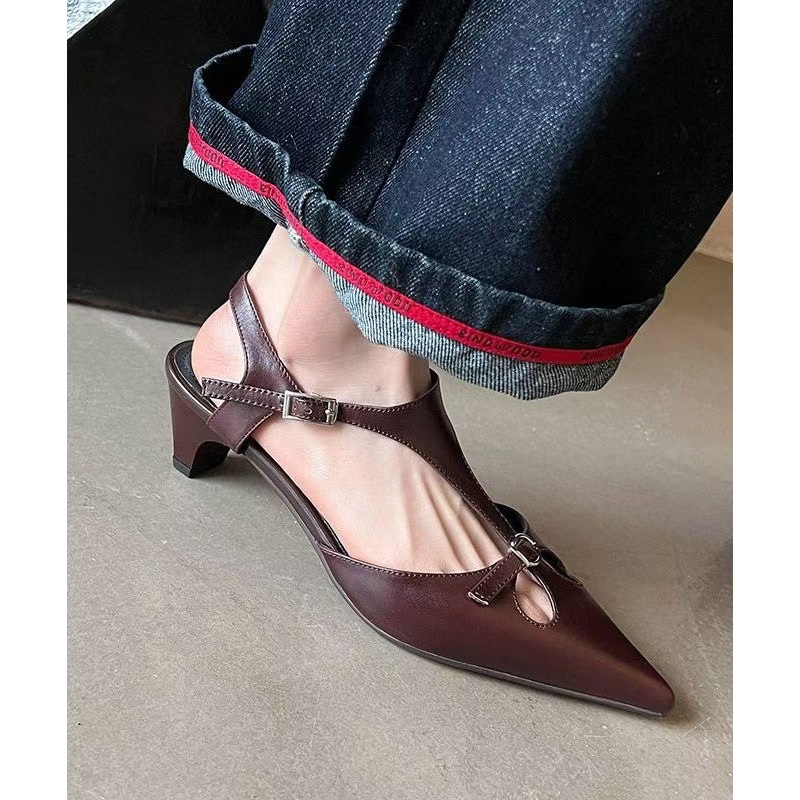 Chic Splicing Chunky Hollow Out Sandals Brown Cowhide Leather