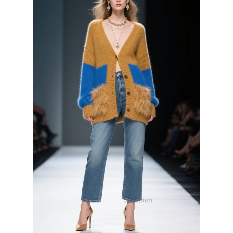 Coffee Patchwork Faux Fur Knit Cardigans Oversized Winter