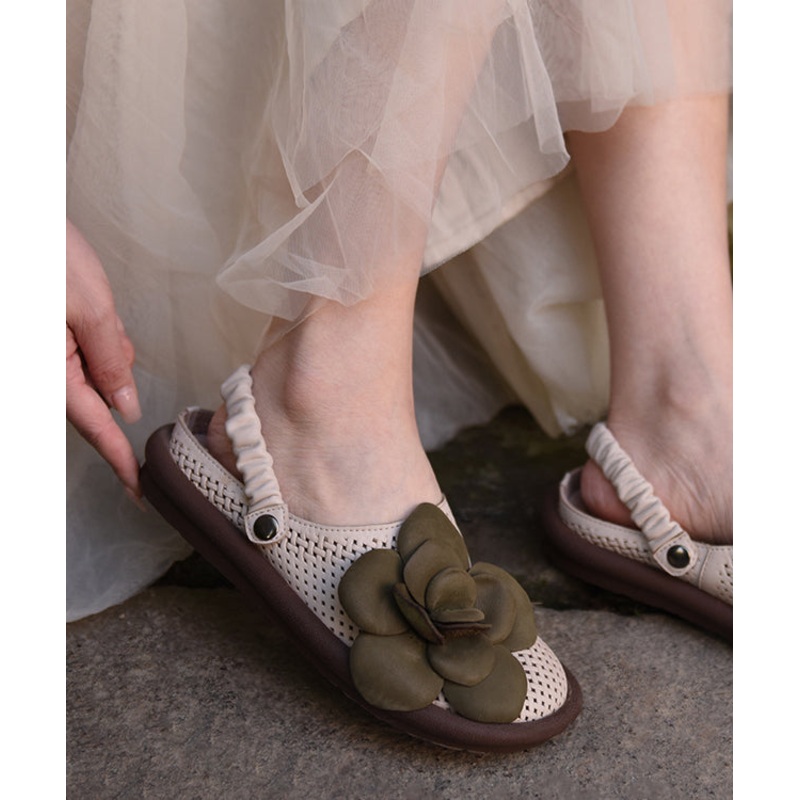 Green Floral Cowhide Leather Comfy Flat Sandals Hollow Out