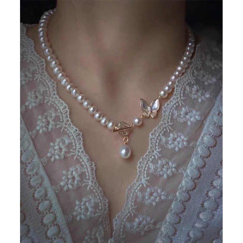 Original Design White Alloy Zircon Pearl Butterfly Pendant Necklace