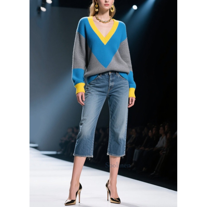 Vintage Mixed Color V Neck Patchwork Knit Pullover Winter