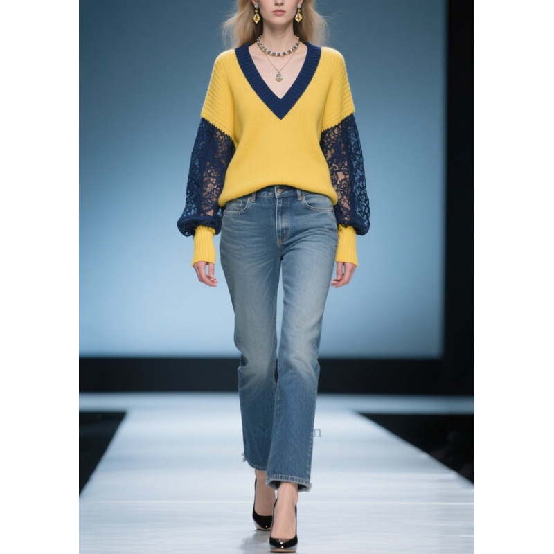 Women Yellow Oversized Patchwork Lace Sweaters Fall