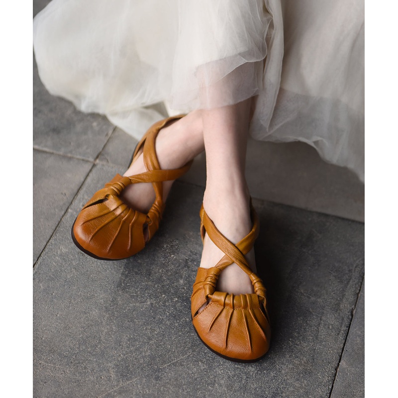Yellow Cowhide Leather Splicing Hollow Out Walking Sandals