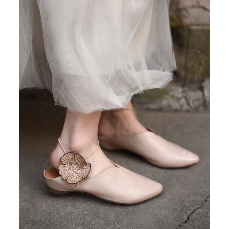 Apricot Cowhide Leather Sandals Splicing Floral Pointed Toe