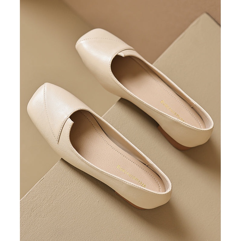 Apricot Faux Leather Splicing French Flat Shoes