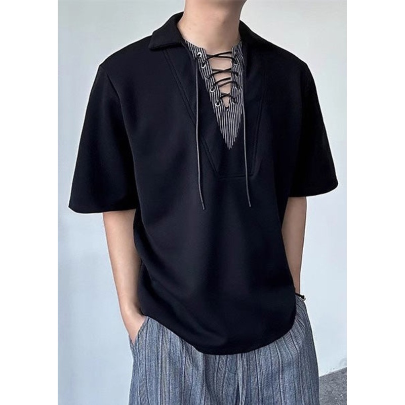 Art Black Peter Pan Collar Patchwork Cotton Shirt Summer