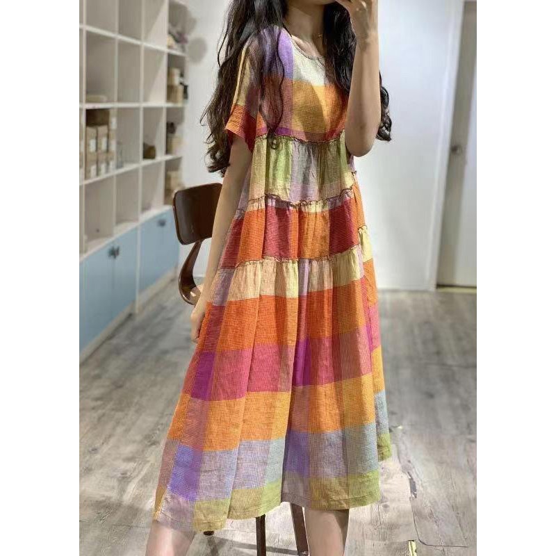 Art Rainbow Ruffled Plaid Linen Dress Summer