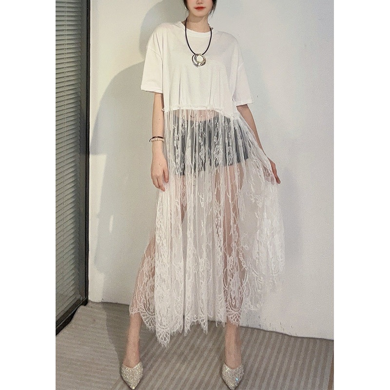 Art White Hollow Out Patchwork Lace Ankle Dress Summer