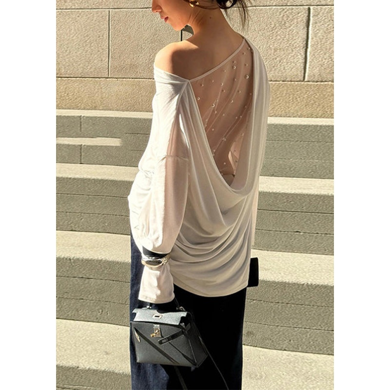 Beautiful White Backless Patchwork Tulle Shirt Top Summer