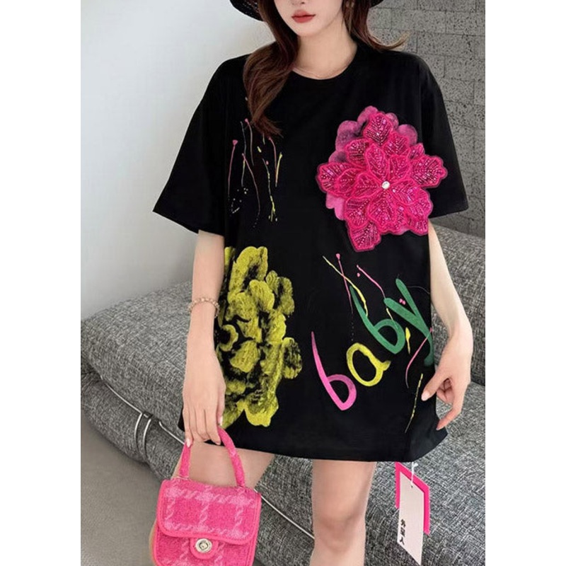 Black Graffiti Print Cotton Tanks Floral Decorated Summer