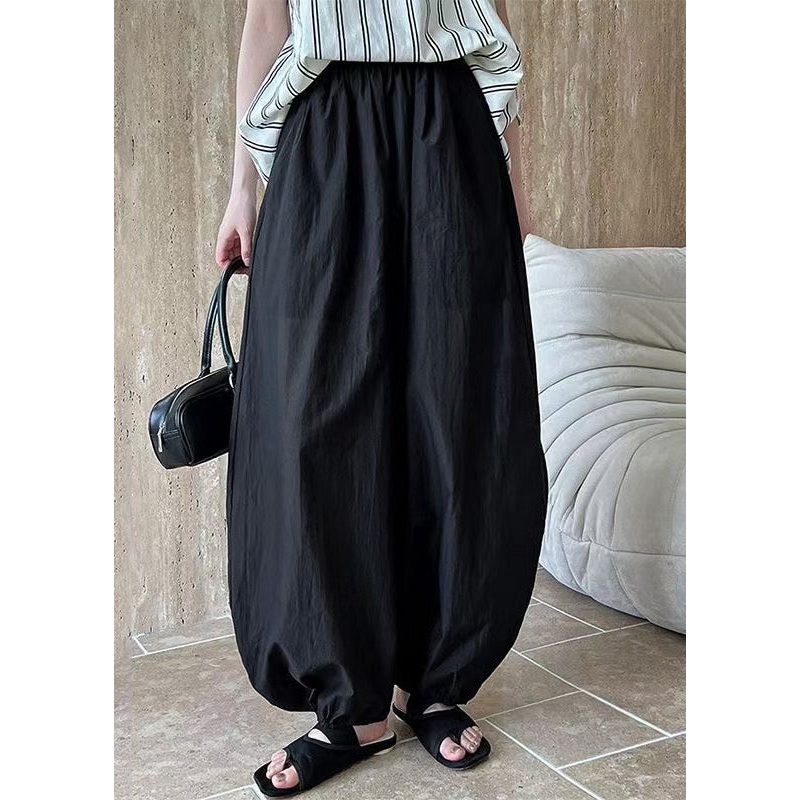 Black Loose Cotton Lantern Pants Elastic Waist Summer