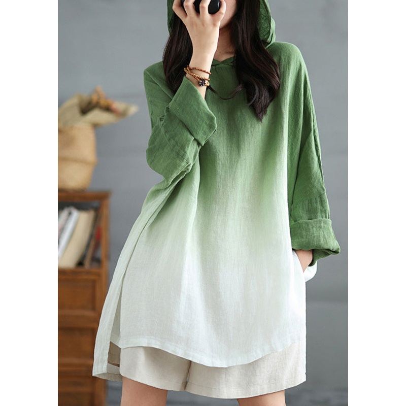 Bohemian Gradient Green Hooded Linen Loose Sweatshirts Spring
