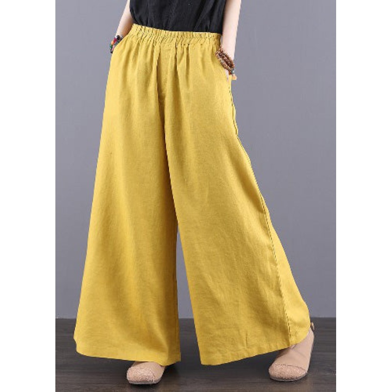 Bohemian Yellow Elastic Waist Pockets Linen Pants Summer