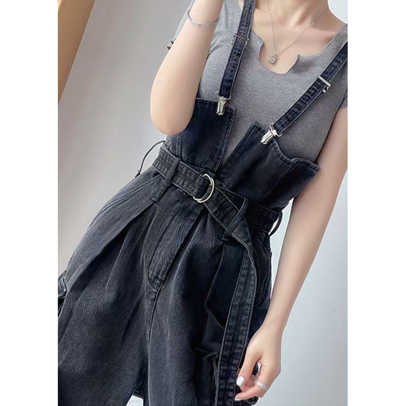 Boho Black Tunic Pockets Denim Overalls Jumpsuit Summer