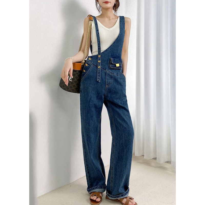 Boho Navy Asymmetrical Design Denim Jumpsuits Summer