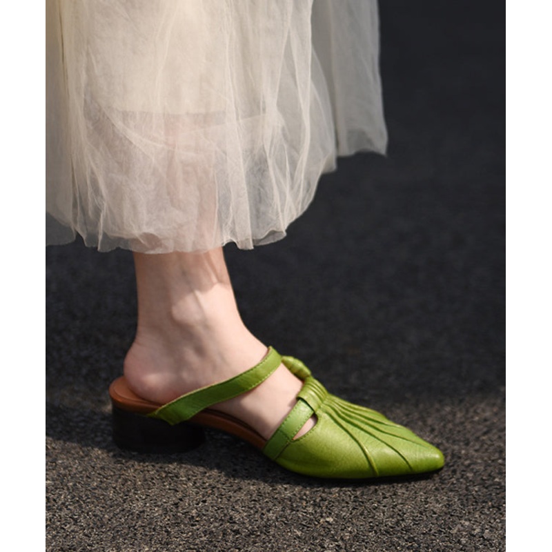 Boutique Green Cowhide Leather Splicing Slide Sandals Pointed Toe