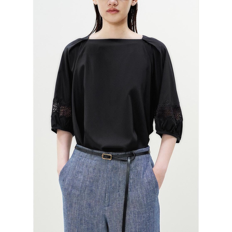 Casual Black Slash Neck Patchwork Lace Blouses Half Sleeve