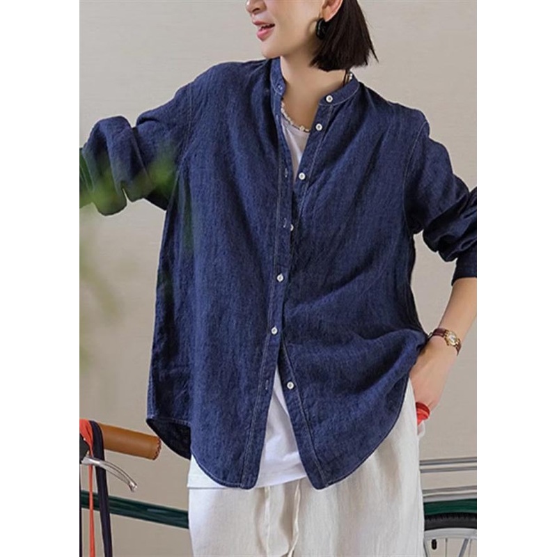 Casual Navy Oversized Linen Shirt Top Fall